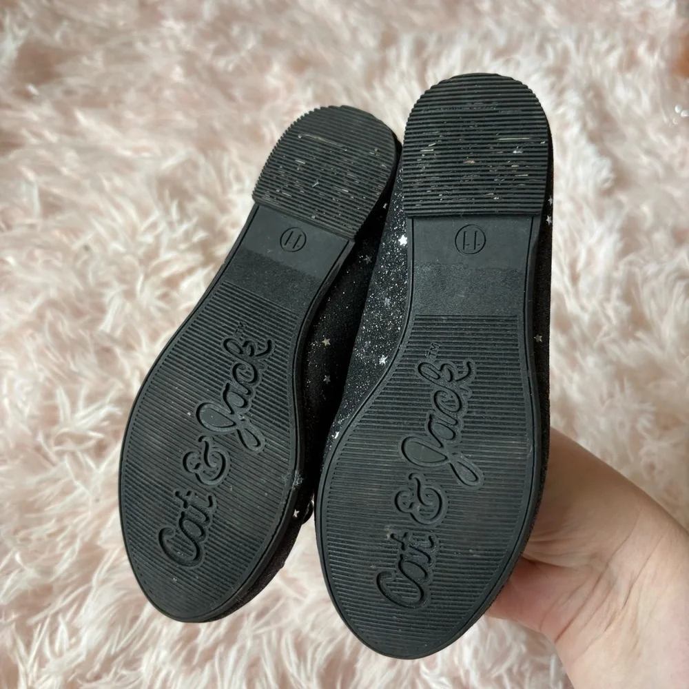 Cat & Jack Glitter Silver Star Black Ballet Flat Shoes Sz 11 Dress